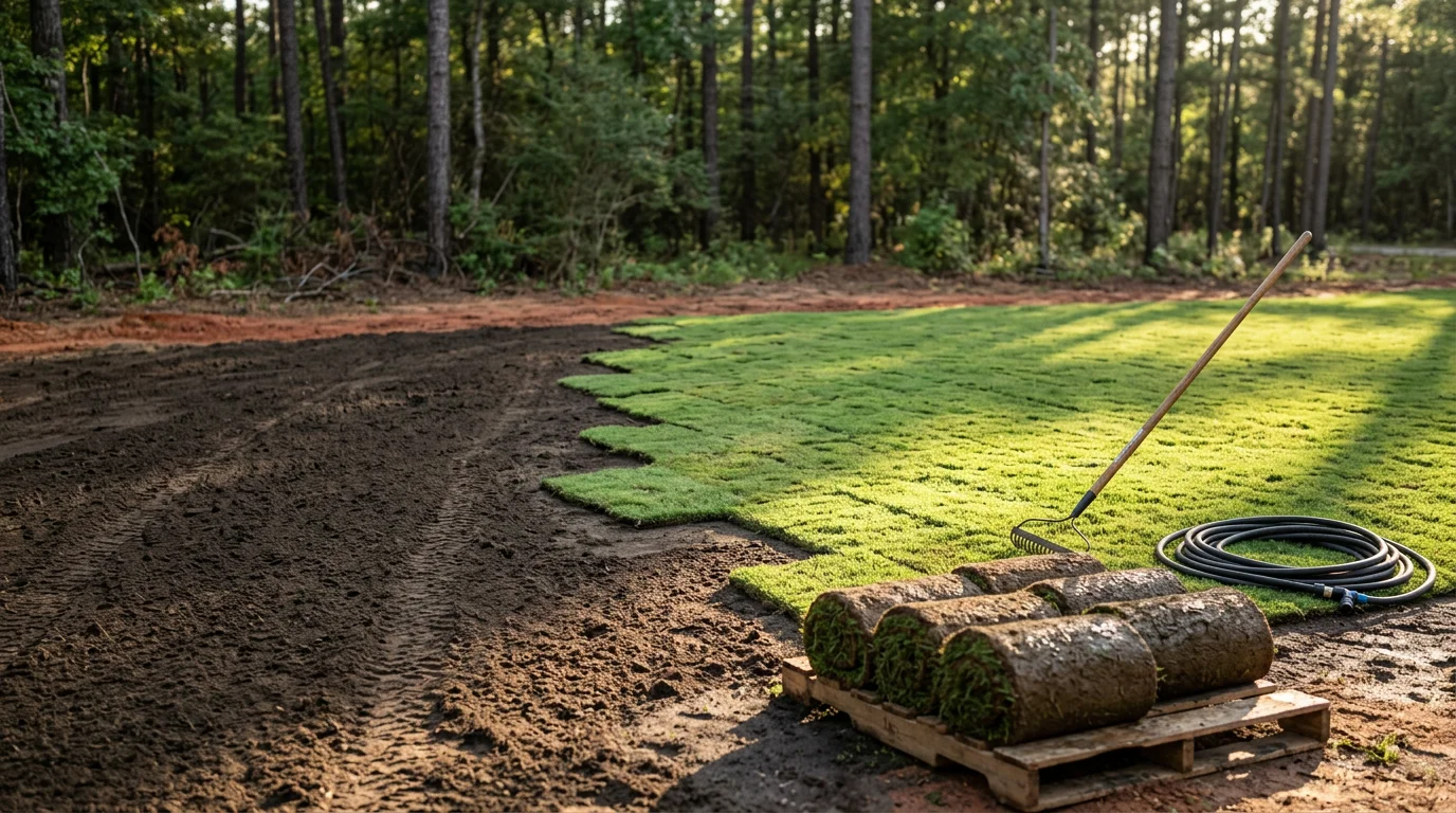 Freshly installed sod covering a residential yard in Angelina County, TX, with clean edges and uniform green turf across the entire lawn surface.