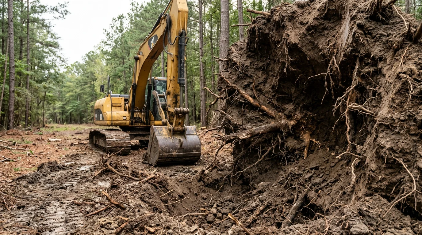 A freshly cleared stump removal site on a residential property in Angelina County, TX, showing level ground where a large pine stump once stood. East Texas pine and hardwood trees are visible in the background.