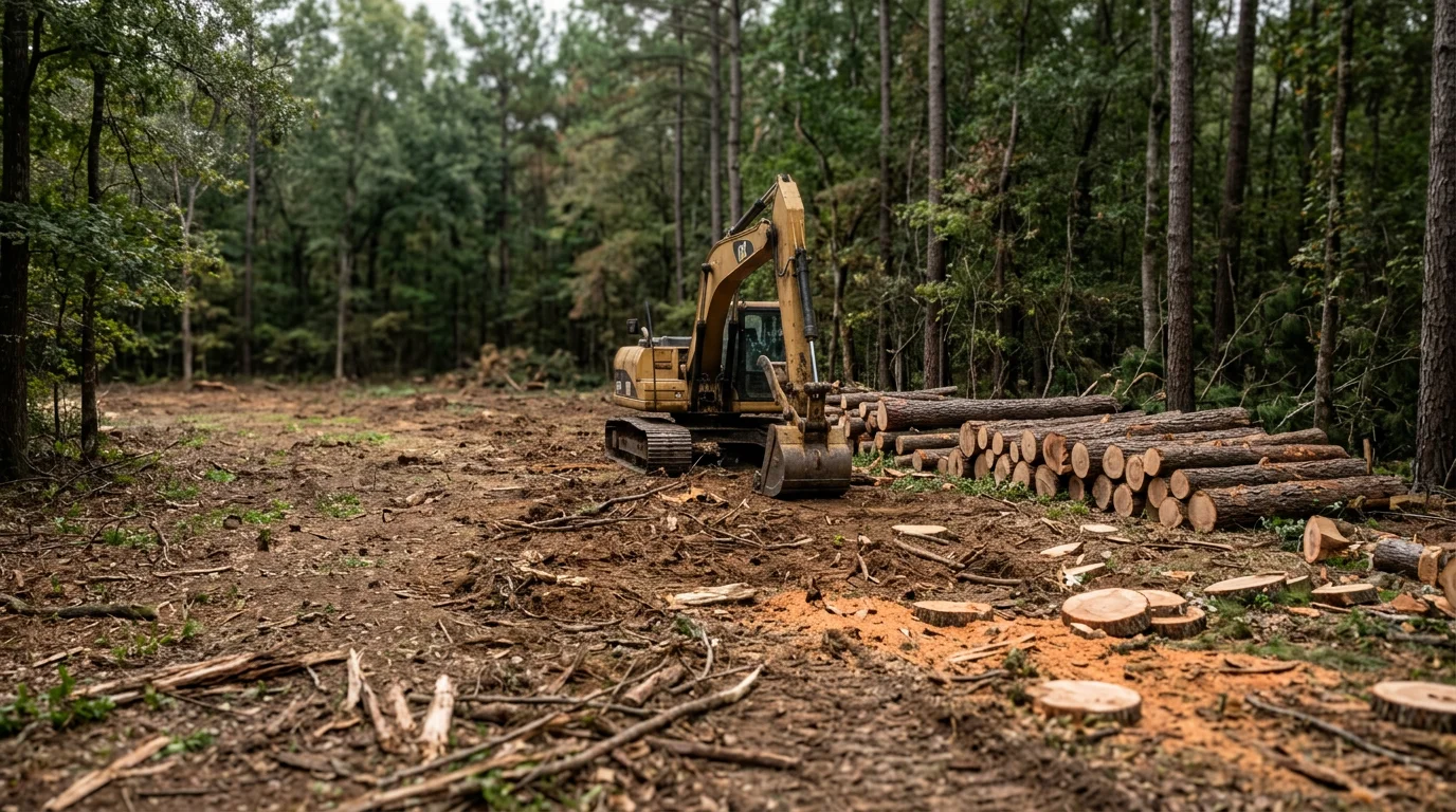 A cleared residential property in Angelina County, TX, with a large loblolly pine stump and cut sections of trunk stacked nearby. A wood-frame home sits in the background with open sky visible where the tree once stood.