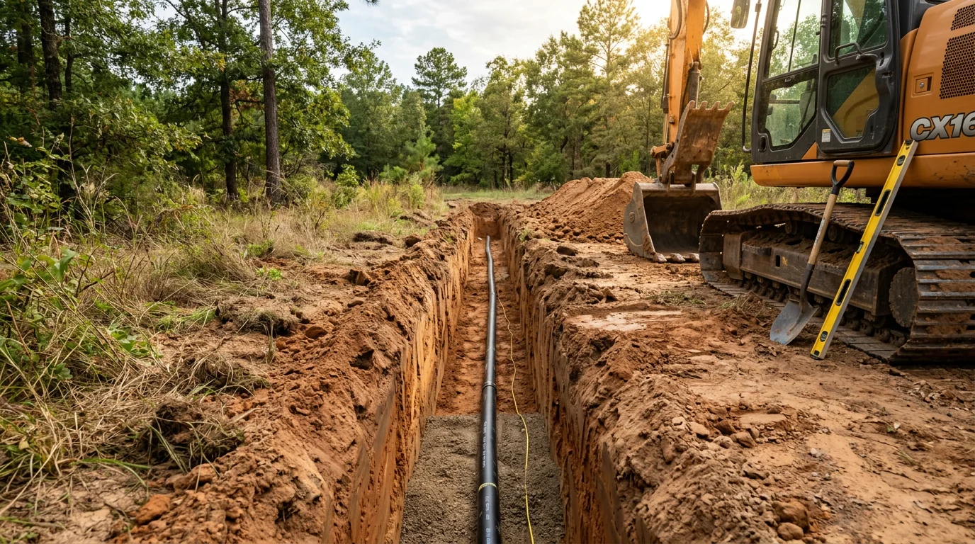 An open utility trench cut through East Texas sandy clay soil on a rural Angelina County property, showing a water line laid at depth before backfill. Excavation equipment sits alongside the trench on a wooded residential lot.