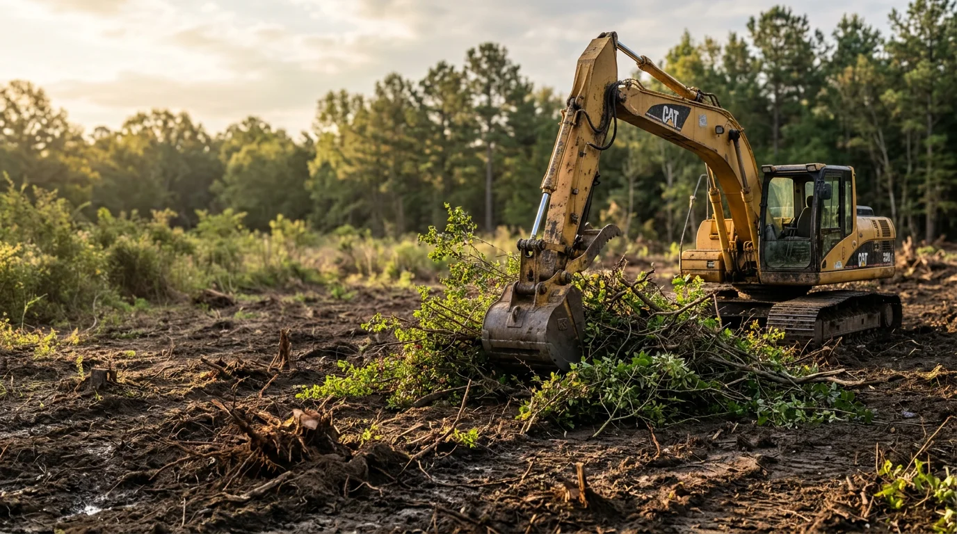 Cleared brush and overgrowth on a rural Angelina County, TX property, with open fence lines and reclaimed pasture visible after vegetation control work. Heavy equipment tracks are visible along the edge of the cleared area.
