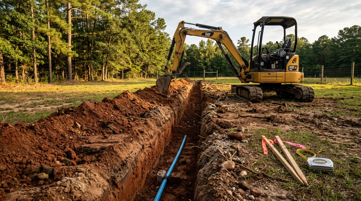An excavator digging a straight water line trench through East Texas soil on a rural Angelina County property. The open trench runs toward a residential structure across a cleared lot with pine trees in the background.