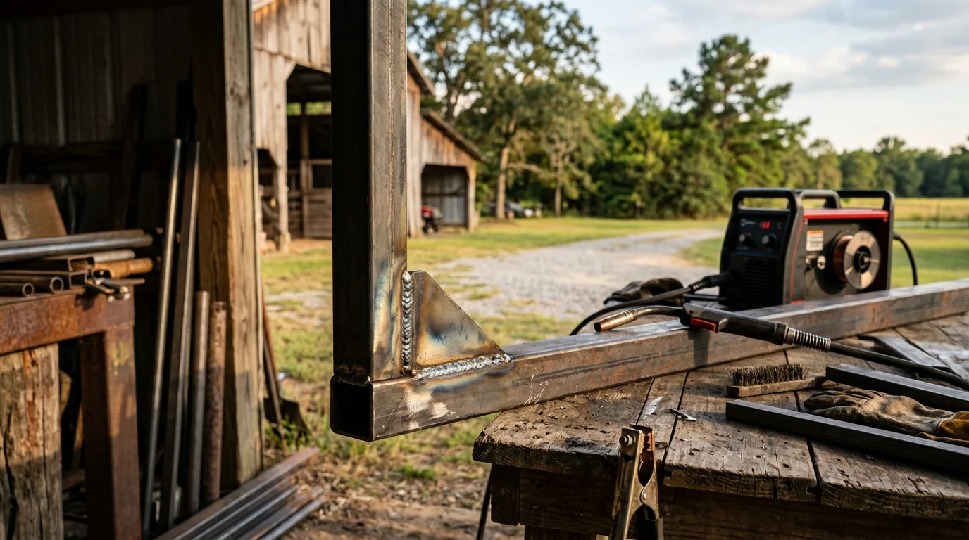 A welder working on a metal gate frame on a rural property in Angelina County, TX, with sparks visible and timber land in the background. Close-up shows a clean weld bead on a steel pipe joint used for a livestock entry gate.